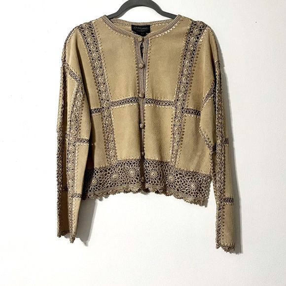 Vintage Overland Tan Suede Leather Lace Embroidered Leather Jacket Women’s Sz 12 - Picture 1 of 10